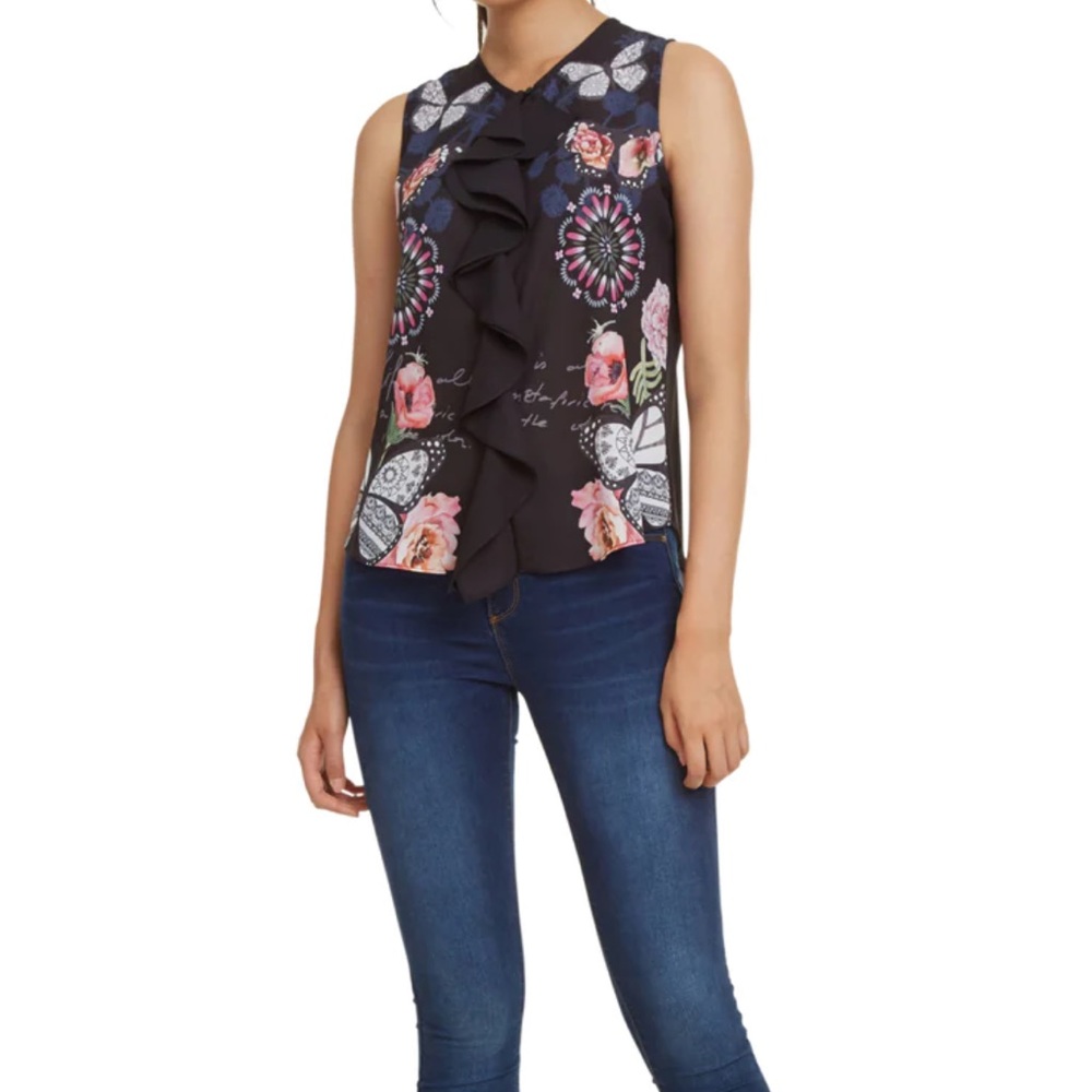 Desigual Ginebra‎ Floral Butterfly Print Sleeveless Blouse Sz S